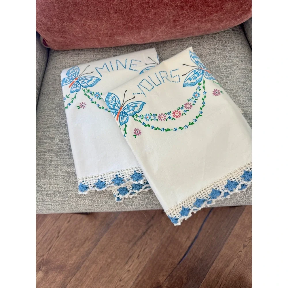 Vintage Mine and Yours Hand Embroidered Pillowcase Set Butterfly Crochet Lace